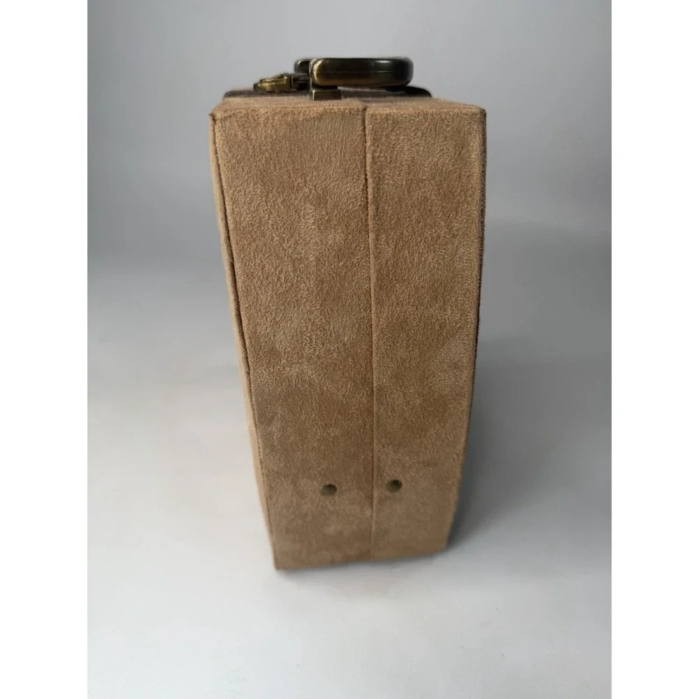 Vintage 1960s Travel Jewelry Case Valet Box Faux Suede Brown Tan Mirror